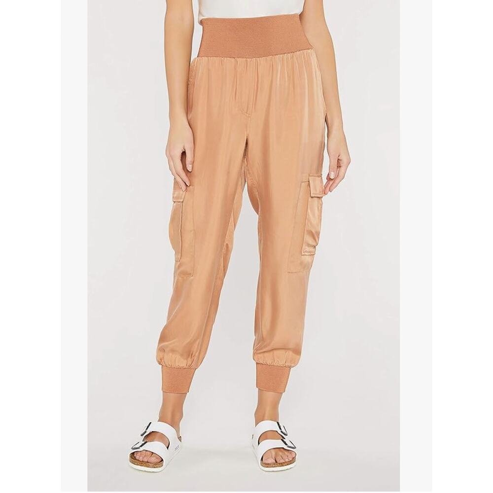 Cinq a Sept Giles Cupro Satin Pull On Cargo Joggers Light Cinnamon Pants L